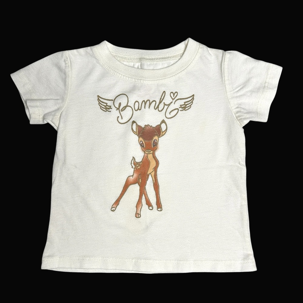Disney Couture Baby Bambi Graphic Tee Off White Gold Glitter Short Sleeve Shirt